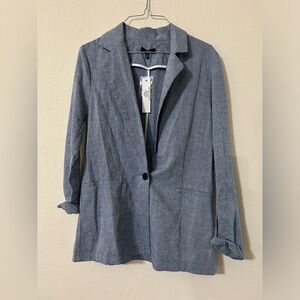 NWT Anthropologie DREW Navy Chambray Linen Blend Blazer Button V-Neck Women's S